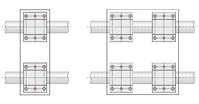 Example of linear shafts in parallel arrangement: with 1 or 2 linear bushings per linear shaft.